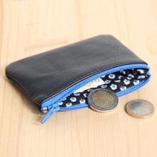 Charger l'image dans la galerie, Porte-monnaie homme cuir noir recyclé - zip bleu