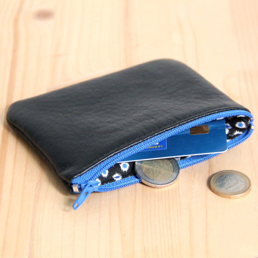 Porte-cartes homme en cuir recyclé noir - zip bleu vif
