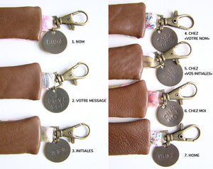 Porte-clés femme en cuir recyclé noir - tissu hortensia