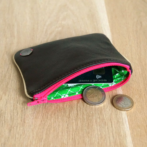 Porte-monnaie XL femme en cuir recyclé café - zip rose vif