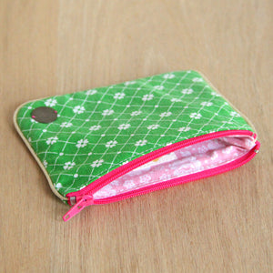 Porte-monnaie XL femme en tissu vintage vert vif - zip rose