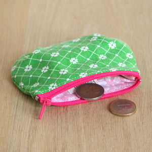 Porte-monnaie femme en tissu graphique sixties vert - zip rose vif