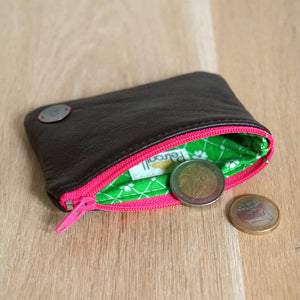 Porte-monnaie femme en cuir recyclé café - zip rose vif